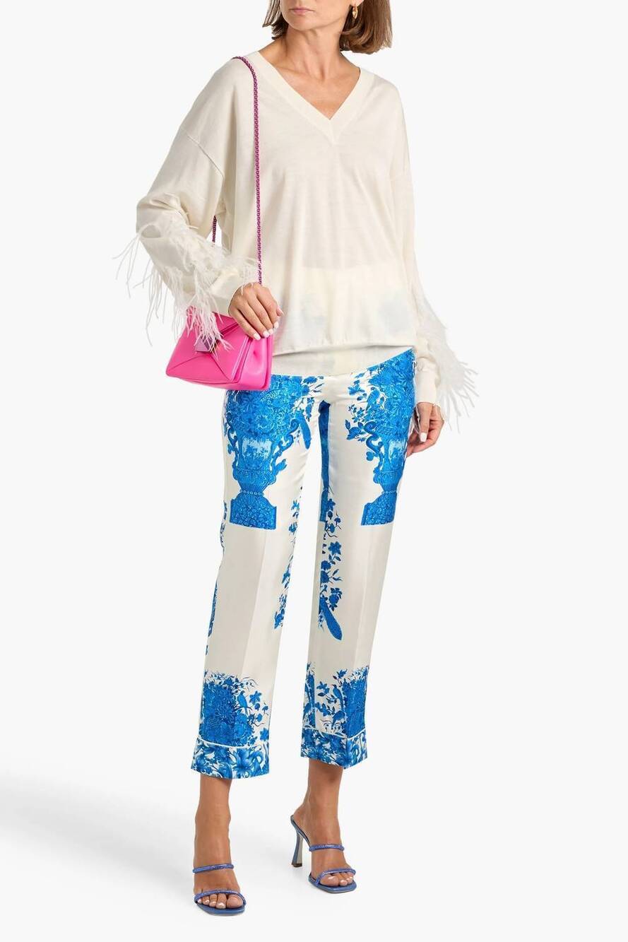 NEW VALENTINO GARAVANI feather trimmed wool sweater in white
